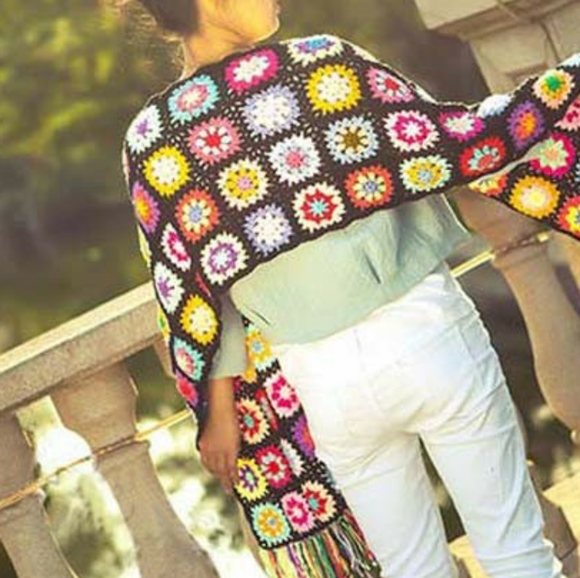 Black & Multicolor Granny Square Crochet Scarf - Picture 7 of 13